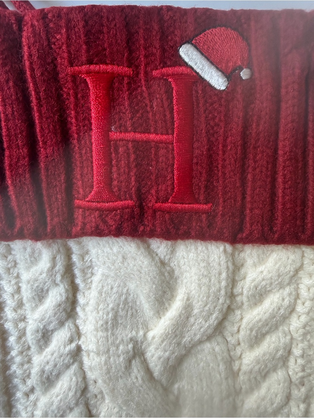 Cable Knit Christmas Stocking Sock - Red Cuff, Cream Body. Letter “H”.